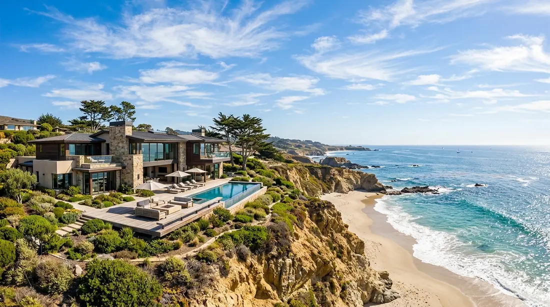 A modern coastal California home with an infinity pool above a sandy beach